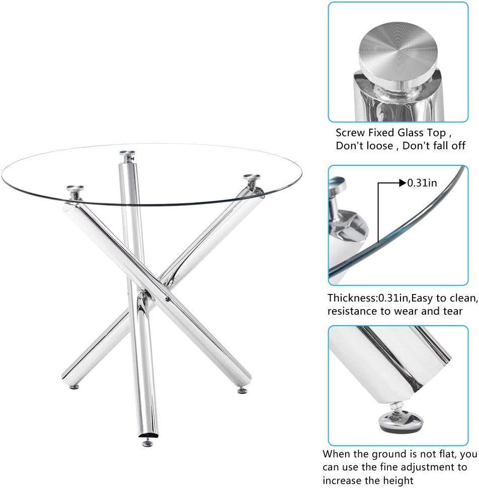 Modern Round Dining Table for 2 4 People, 36 in Glass Kitchen Dining Room Table with Silver Metal X-Shaped Legs, Space Saving Circle Dinner Tables for Dining Room, Kitchen, Living Room