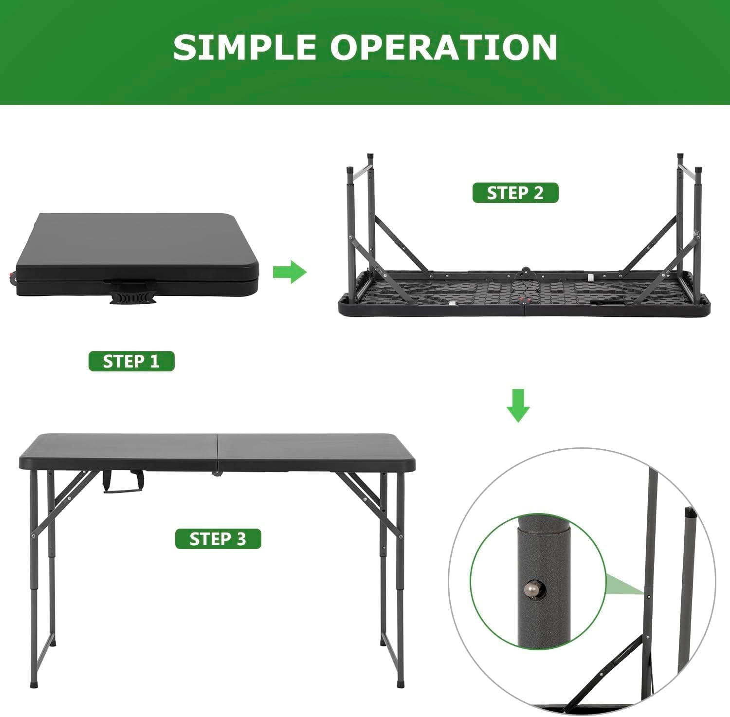 HKLGorg Folding Table, Heavy Duty Plastic Folding Utility Table Indoor Outdoor, Party Dining Tables Easy to Assemble with Lock Function (Black, 4 FT)