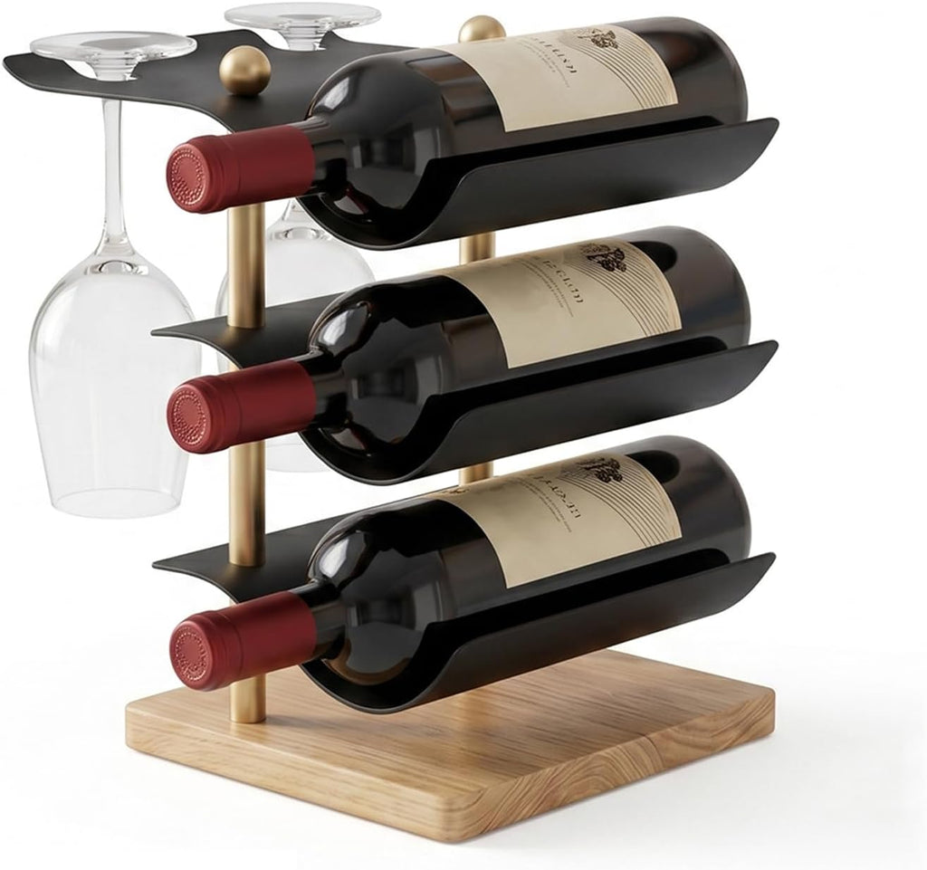 Modern Abstract Wine Rack, Black Metal Wine Holder with Wood Base, 3 Bottle Wine Display Stand for Countertop, Decorative Wine Rack for Home Bar Kitchen Decor, Unique Gift for Wine Lovers