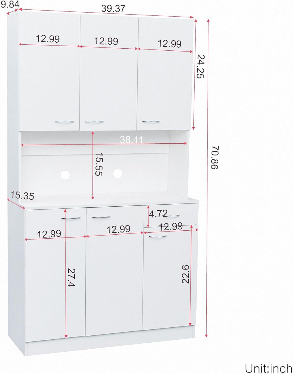 70.87" Tall Kitchen Pantry Storage Cabinet, Freestanding Wood Hutch with 6 Doors, 1 Drawer, with Countertop,Microwave Stand & Food Cupboard, Coffee Bar Organizer for Dining Room,White