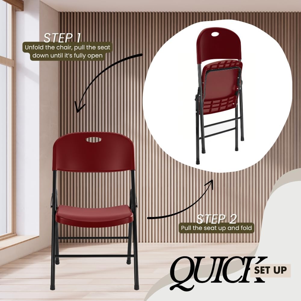 2-Pack Heavy Duty Plastic Folding Chair, 300 lbs Capacity Foldable Chairs for Indoor Outdoor, Stackable Portable Seating for Party, Wedding, Patio, Backyard, Office (Red)