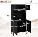 LOKO 64.5” Tall Kitchen Pantry Cabinet, Buffet Sideboard with Charging Station, Modern Wine Bar Cabinet with Wine Glass Rack, Kitchen Hutch Cupboard for Dining Room, Living Room (Black)