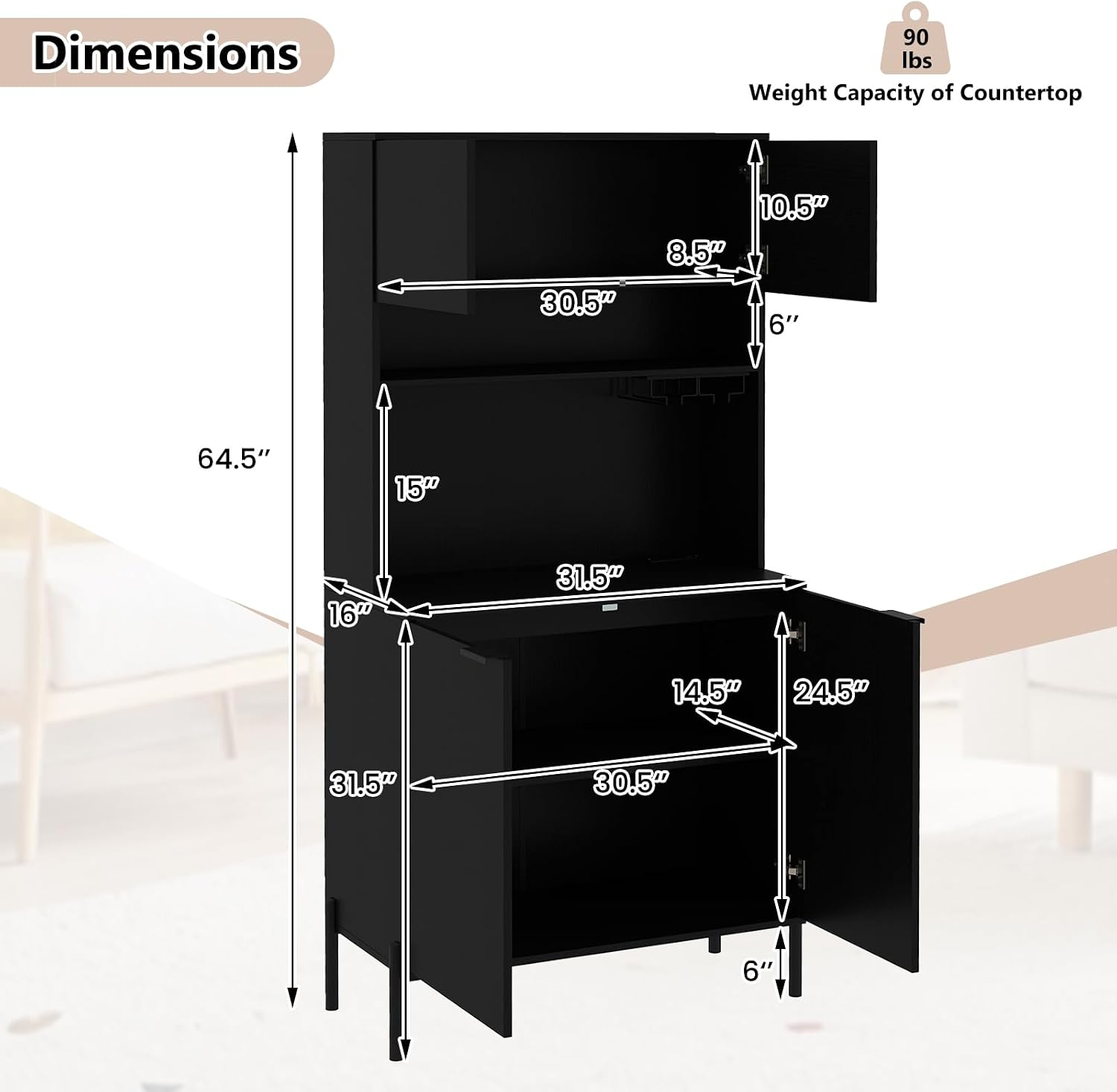 LOKO 64.5” Tall Kitchen Pantry Cabinet, Buffet Sideboard with Charging Station, Modern Wine Bar Cabinet with Wine Glass Rack, Kitchen Hutch Cupboard for Dining Room, Living Room (Black)