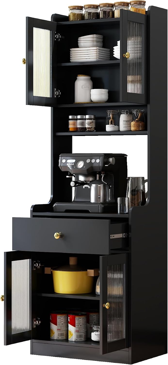 Spolllowe Kitchen Pantry Cabinet Farmhouse Storage Hutch with Microwave Stand Freestanding Buffet Sideboard Coffee Bar Cabinet for Kitchen Dining Room