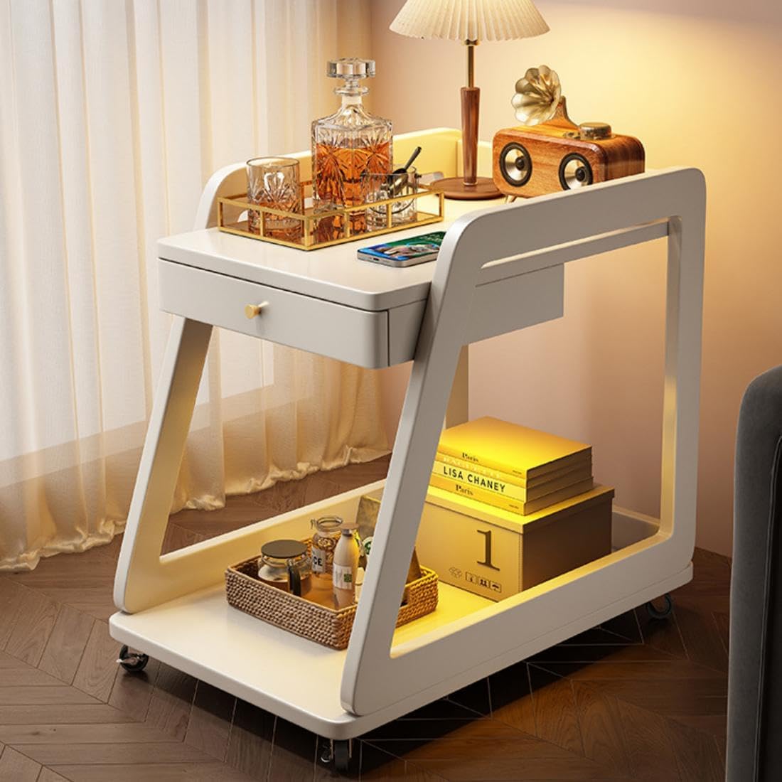 Wood End Table with Drawer, 2 Tiers Side Table with Open Storage Mobile Couch Table Floor Rolling Cart with Large Capacity White for Bathrooms Living Room Office