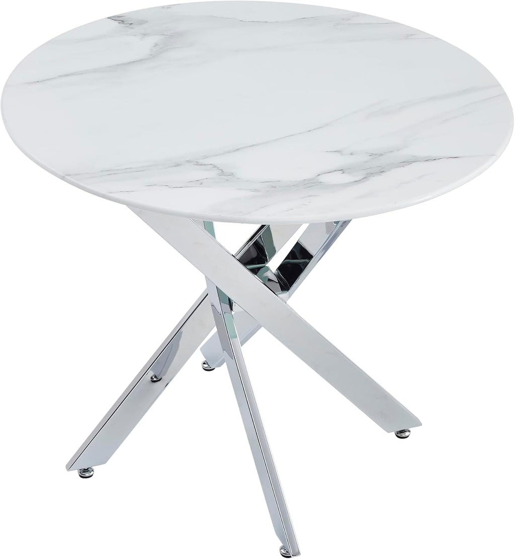 Knocbel 35.43" Dining Table for 4, Round Coffee Table with Granite Top and Metal Cross Legs, Modern Circle Dinner Kitchen Table for Apartment Home Office, Silver+Granite