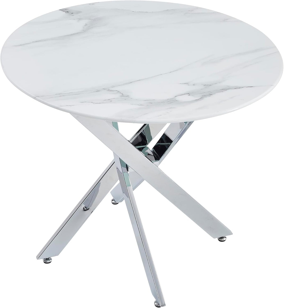 Knocbel 35.43" Dining Table for 4, Round Coffee Table with Granite Top and Metal Cross Legs, Modern Circle Dinner Kitchen Table for Apartment Home Office, Silver+Granite