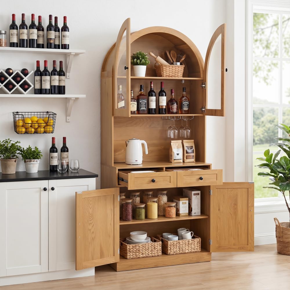 75" Farmhouse Tall Arched Pantry Cabinet with Charging Station, Adjustable Shelves, Coffee Bar Open Countertop, Oak (Oak + MDF)
