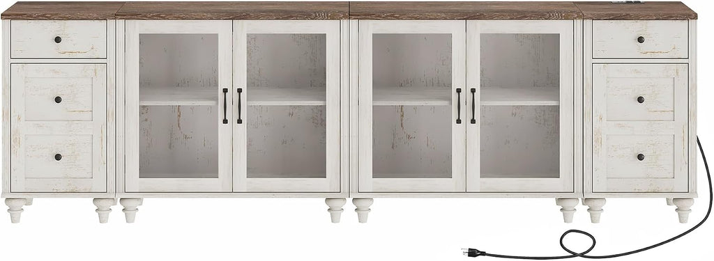 WAMPAT Sideboard Buffet Cabinets with 4-Glass Door, Kitchen Storage Cabinets with Charging Station, Wood Coffee Bar Table with Adjustable Shelf & 2 Drawers for Dining Room, Living Room, Rustic White