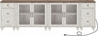 WAMPAT Sideboard Buffet Cabinets with 4-Glass Door, Kitchen Storage Cabinets with Charging Station, Wood Coffee Bar Table with Adjustable Shelf & 2 Drawers for Dining Room, Living Room, Rustic White