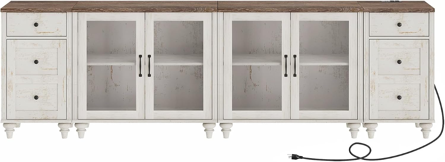 WAMPAT Sideboard Buffet Cabinets with 4-Glass Door, Kitchen Storage Cabinets with Charging Station, Wood Coffee Bar Table with Adjustable Shelf & 2 Drawers for Dining Room, Living Room, Rustic White
