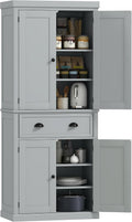 HOMCOM 72.5" Kitchen Pantry Cabinet, Traditional Freestanding Storage Cabinet with 4 Doors, Drawer and 3 Adjustable Shelves for Dining Room, Gray