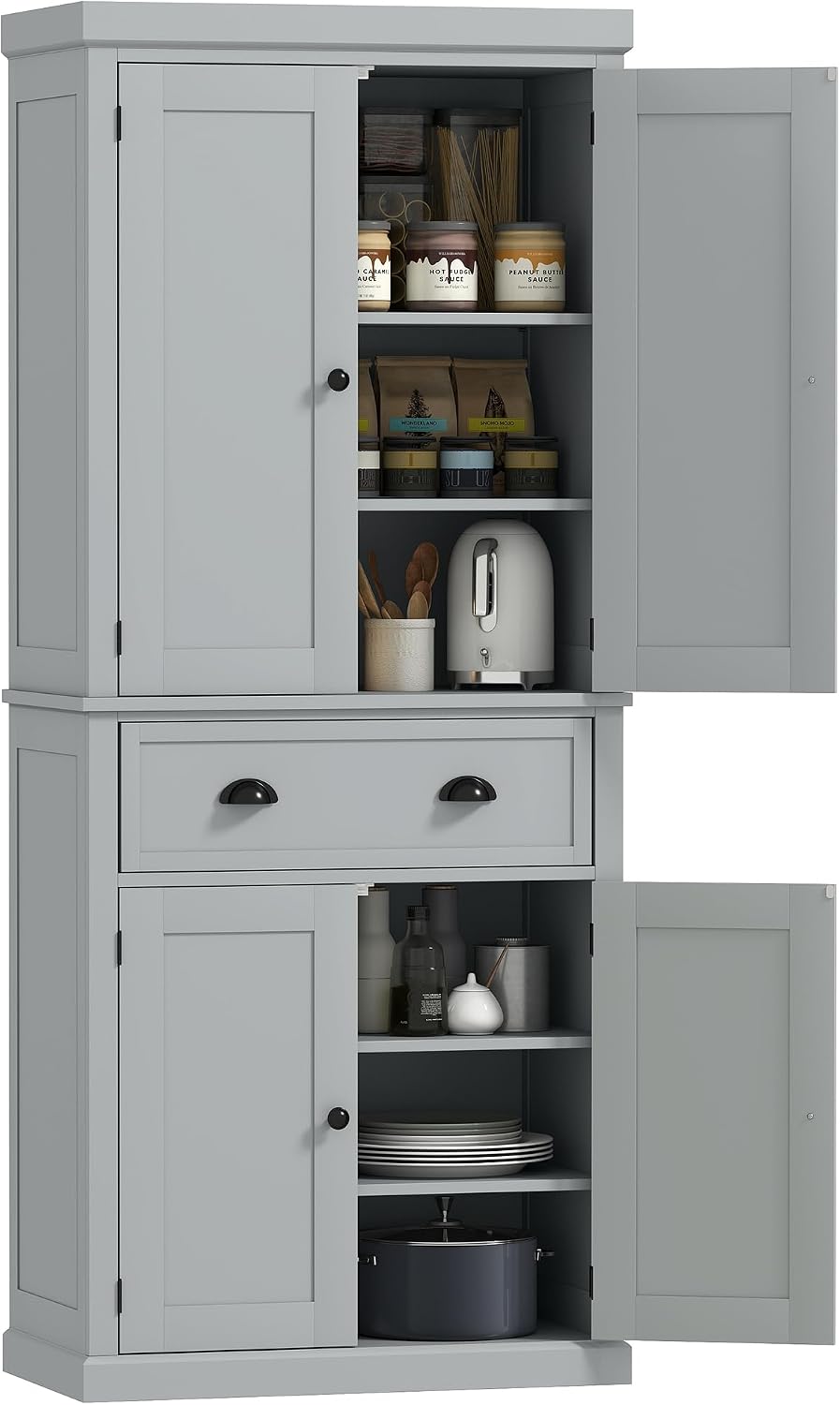 HOMCOM 72.5" Kitchen Pantry Cabinet, Traditional Freestanding Storage Cabinet with 4 Doors, Drawer and 3 Adjustable Shelves for Dining Room, Gray