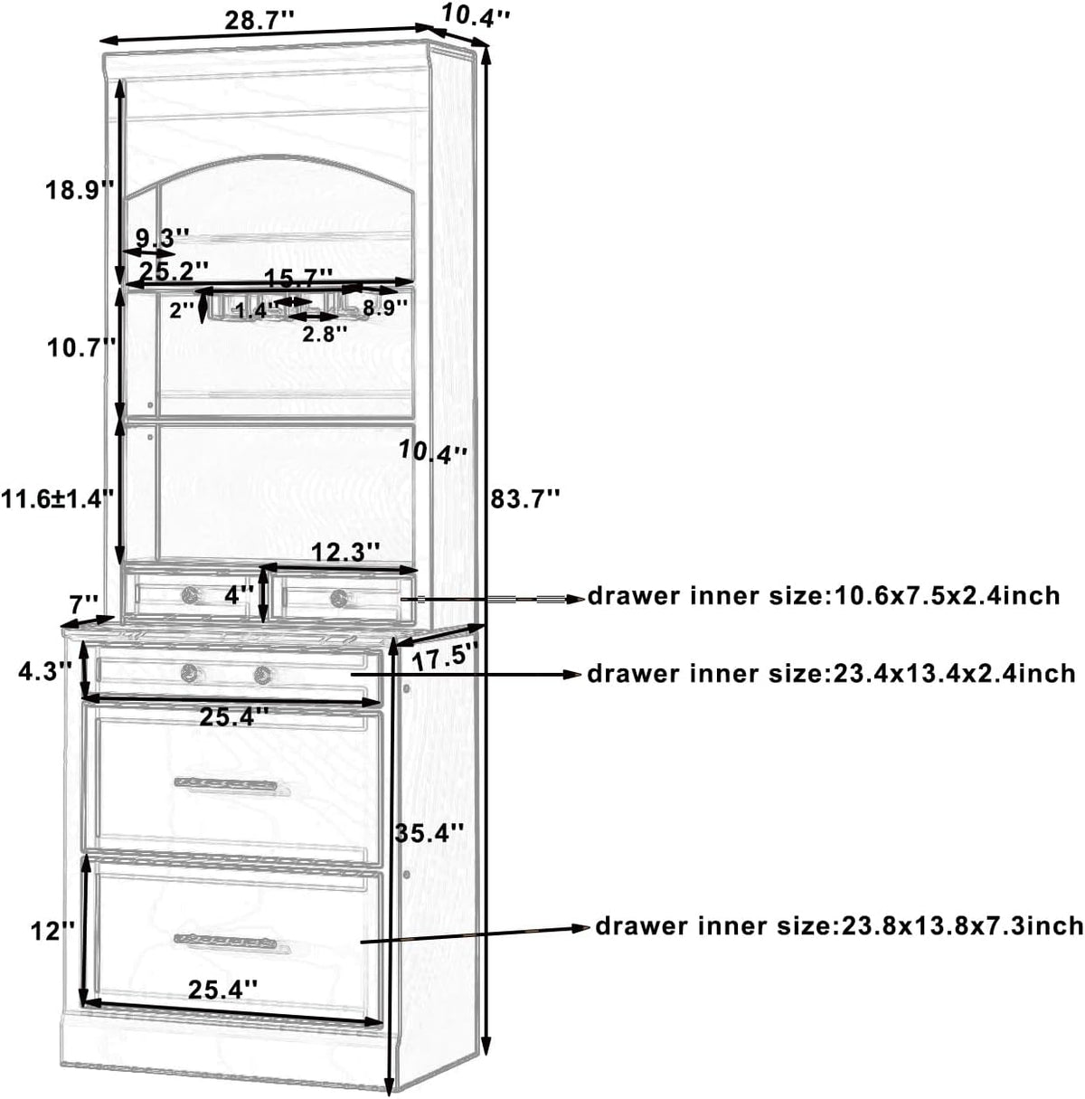 Modern 28.7x17.5x83.7 Inch Tall Kitchen Pantry Cabinet, Freestanding Hutch with Faux Marble Top, 5 Drawers & Adjustable Shelf, Glass Holders, Space-Saving Storage for Kitchen/Dining Room (1, Gray)