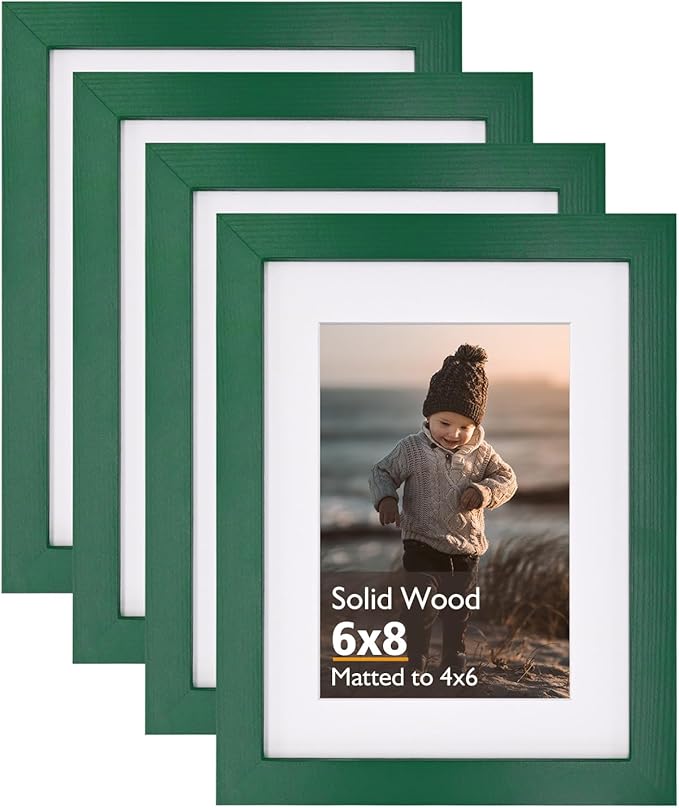 KINLINK 6x8 Picture Frame Green, Solid Wood Frames with Acrylic Plexiglass for Pictures 4x6 with Mat or 6x8 without Mat, Tabletop and Wall Display Photo Frame, Set of 4
