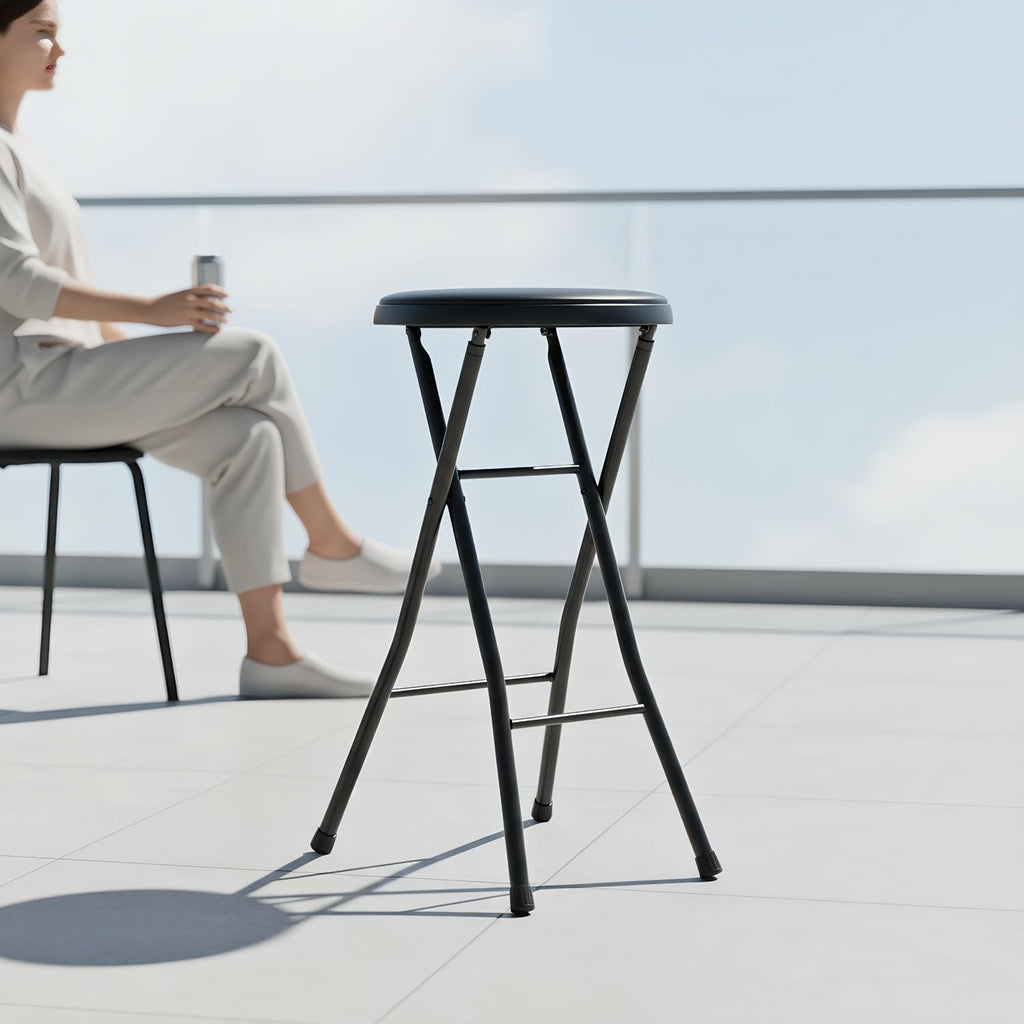 Portable Folding Metal Stool with Non-Slip Rubber Feet, Lightweight Compact Stool for Kitchen, Bar, Classroom, and Camping, Space-Saving Foldable Design with Padded Seat, Supports 200 lbs, Black