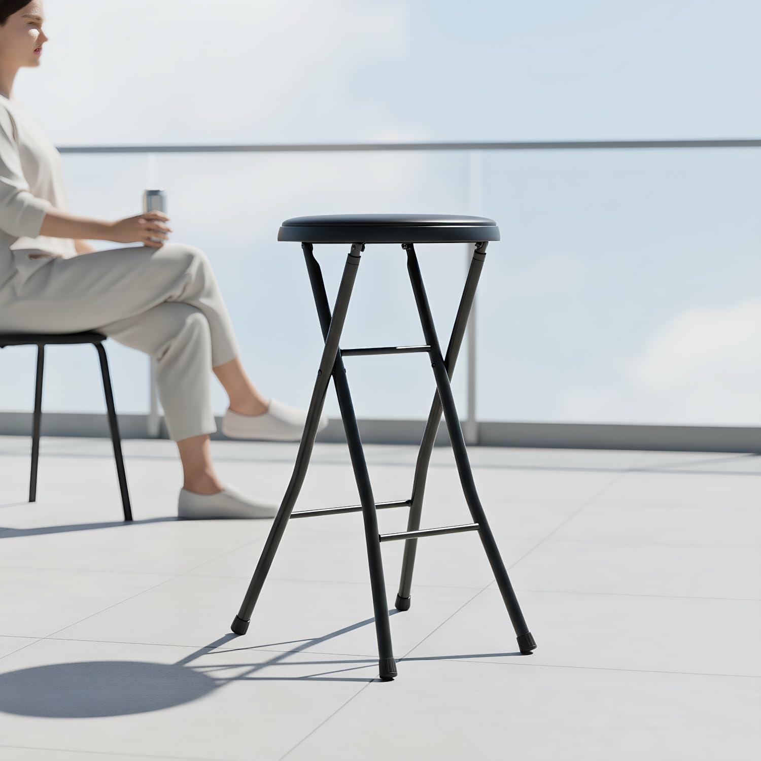 Portable Folding Metal Stool with Non-Slip Rubber Feet, Lightweight Compact Stool for Kitchen, Bar, Classroom, and Camping, Space-Saving Foldable Design with Padded Seat, Supports 200 lbs, Black