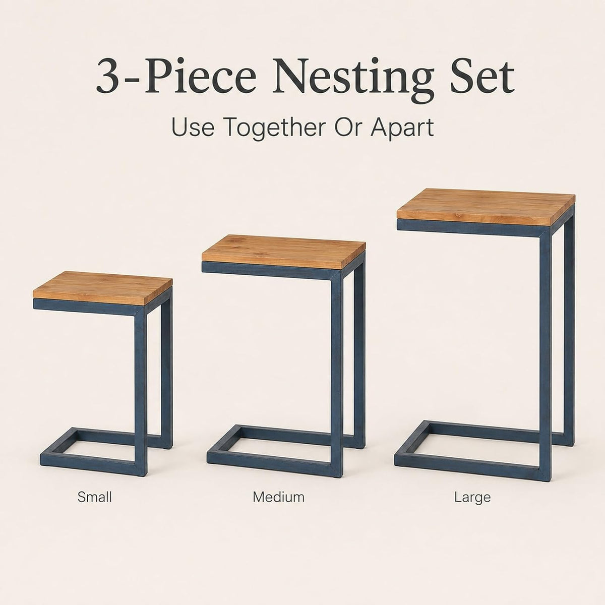 Nesting Table Set of 3, Firwood Tops and Iron Frames | Firwood tops and iron frames, 3-piece nesting table set for living rooms