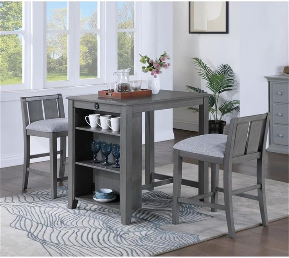 Lilola Home Graham 3-Piece Gray Finish Small Space Counter Height Dining Set with USB Charging Ports, Storage Shelves, and 2 Upholstered Chairs — Space-Saving Table & Chair Set for Apartments