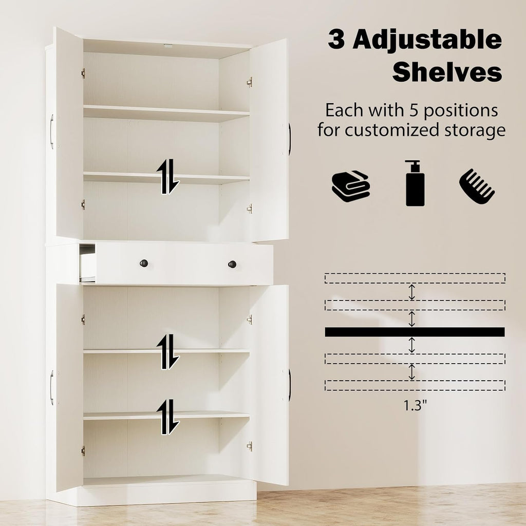 GOFLAME 72” Tall Pantry, Modern Farmhouse Cupboard Cabinet with 4 Barn Doors, Storage Drawer & 3 Adjustable Shelves, Versatile Storage with Anti-TIPP Kits for Living Room, Dining Room, White
