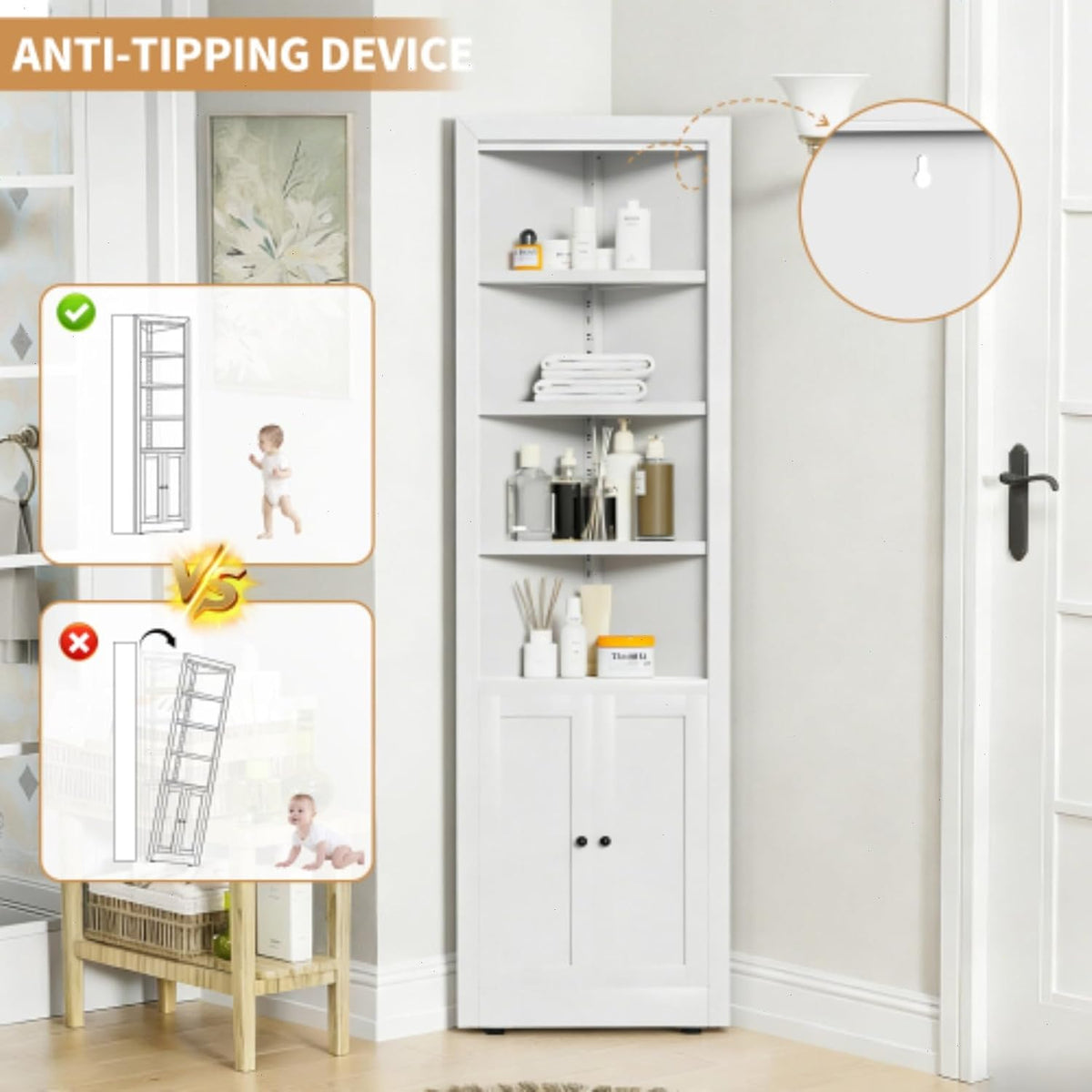 Metal Pantry Storage Cabinet with 4 Adjustable Shelves, 71" Tall Corner Cabinet for Bathroom, Corner Shelf Cabinet for Kitchen, Dining Room, Living Room, Assembly Required(White)
