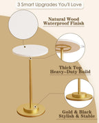 Masupu Drink Table, Round Side Table for Small Spaces, Pedestal Side Table, Small End Table with Metal Base, for Living Room, Bedroom, Bathroom, White Gold
