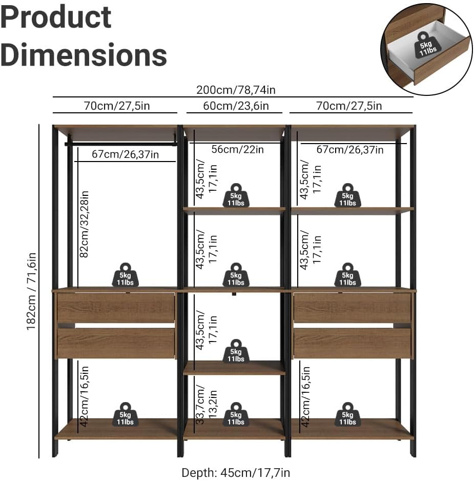 Madesa Kitchen Pantry Storage Rack with 4 Drawers, Open Shelves and Hanging Space 78" L Multiuse Modular Cabinet for Kitchen Organization - Black/Brown