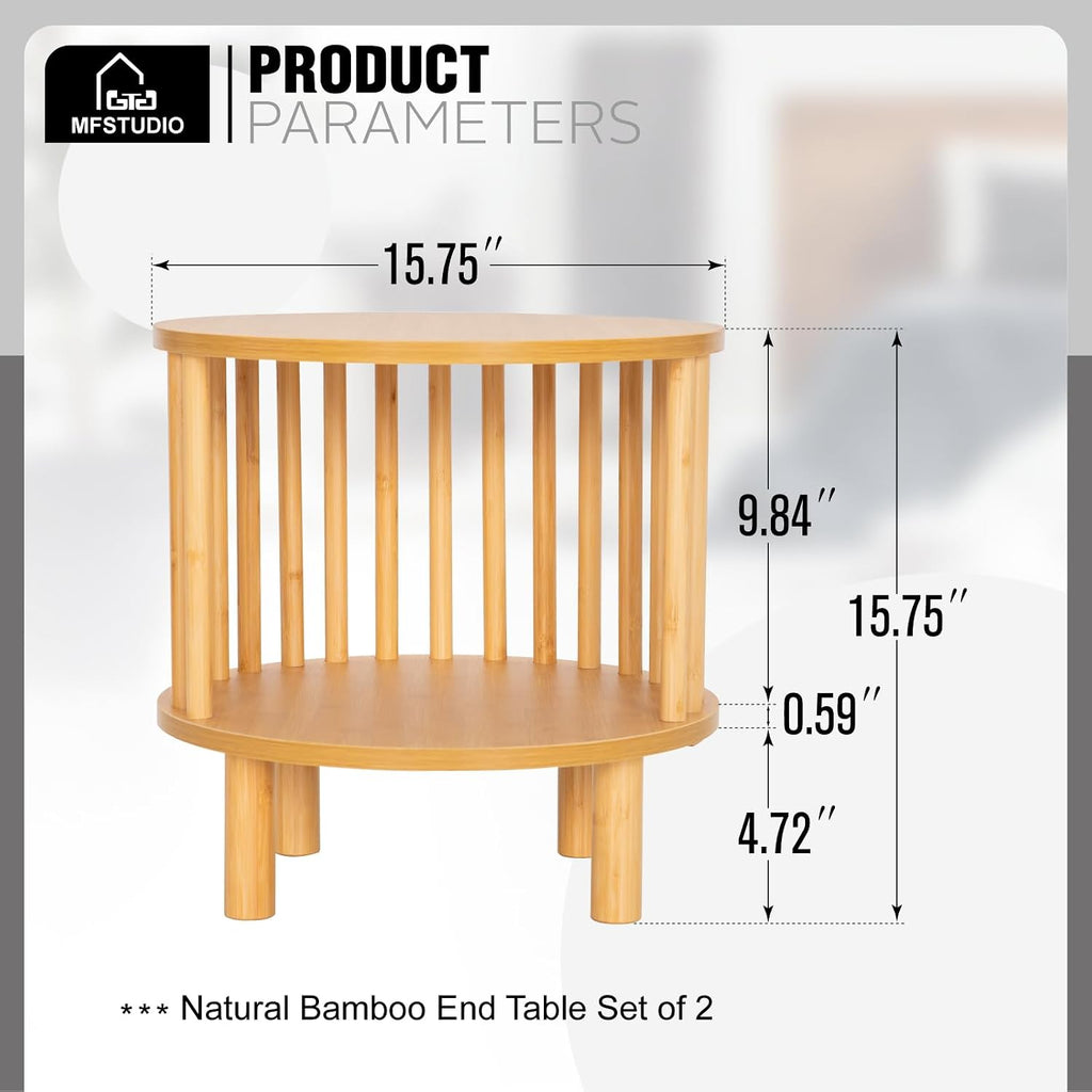 MFSTUDIO Bamboo Nightstand End Table Set of 2, Round 15.7" Bedside Tables with 2-Tier Open Storage for Small Spaces, 2 Pieces Farmhouse Natural Bamboo Wood End Table for Living Room