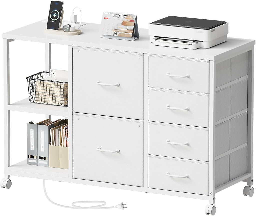 Maihail 6 Drawer File Cabinet with Charging Station and Open Storage Shelf, White