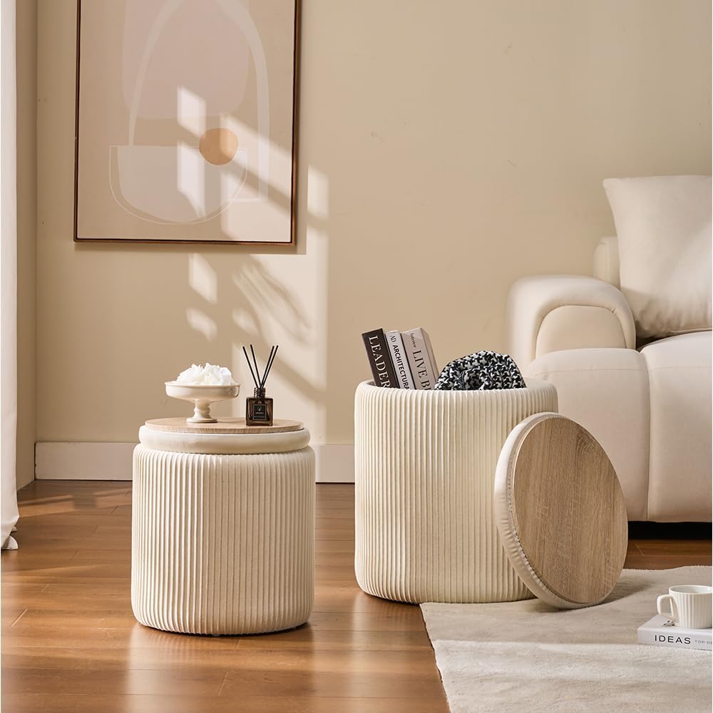 BLEXA Set of 2 Round Storage Ottoman, White Velvet Ottoman with Storage | Upholstered Padded Vanity Stool, Multifunctional Coffee Table & Foot Rest for Bedroom, Living room with Hidden Storage Space