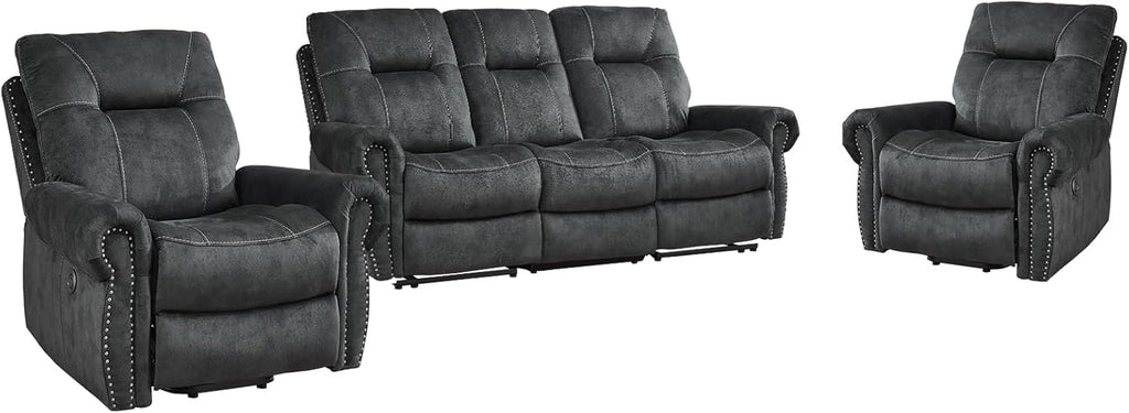 EBELLO 3 Pieces Reclining Couch Furniture Set for Living Room, Double 1 Seat Power Recliner Chair with Massage and Heat, a 3 Seater Manual Sofa, Vintage Rivet Mid-Century Design, Grey