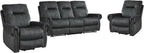 EBELLO 3 Pieces Reclining Couch Furniture Set for Living Room, Double 1 Seat Power Recliner Chair with Massage and Heat, a 3 Seater Manual Sofa, Vintage Rivet Mid-Century Design, Grey
