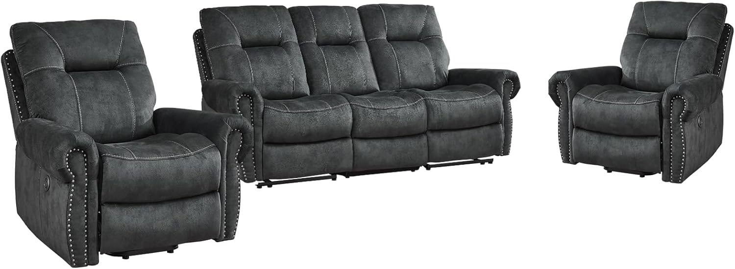 EBELLO 3 Pieces Reclining Couch Furniture Set for Living Room, Double 1 Seat Power Recliner Chair with Massage and Heat, a 3 Seater Manual Sofa, Vintage Rivet Mid-Century Design, Grey