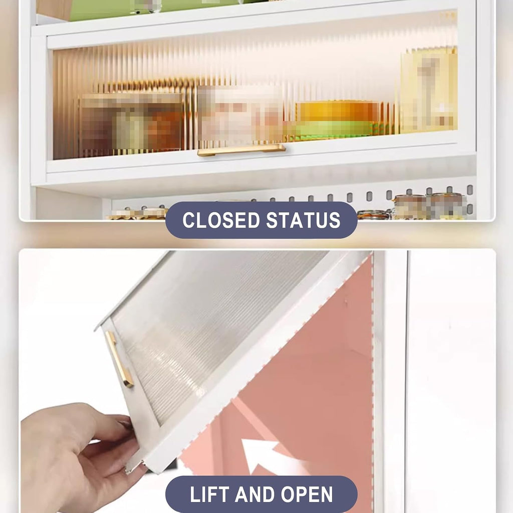 Kitchen Cabinets with Countertop, 15 * 15mm Thick Carbon Steel Square Tube, Glass Panel Hole Board Design Pantry, for Kitchen, Living, Study Room(White,80cm*42cm*154cm)
