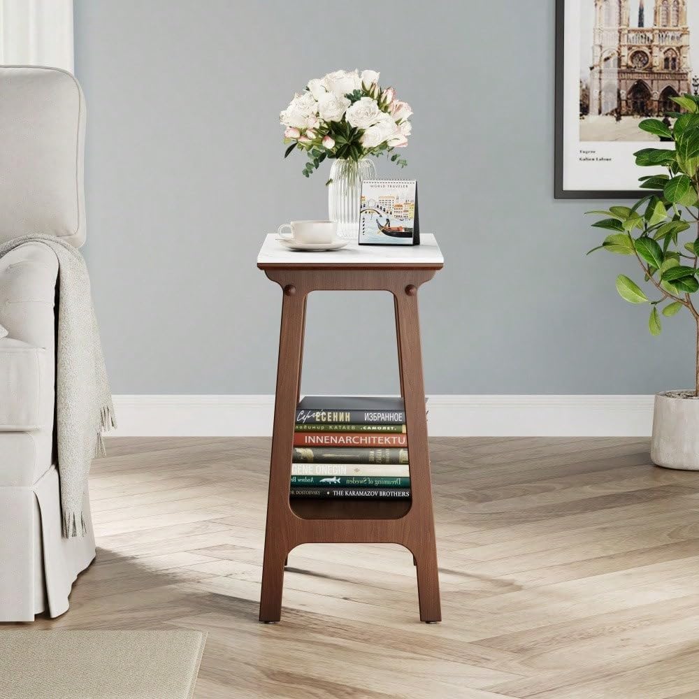 Retro Reddish Brown End Table, Narrow Side Table with Storage Shelf for Small Spaces, Slim Nightstand for Farmhouse Living Room, Entryway