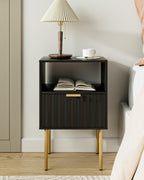 Nightstand,Modern Bedside Table with Gold Frame,White Night Stand,Bedside Furniture, Modern Side Table with Drawer and Shelf for Bedroom (Black)