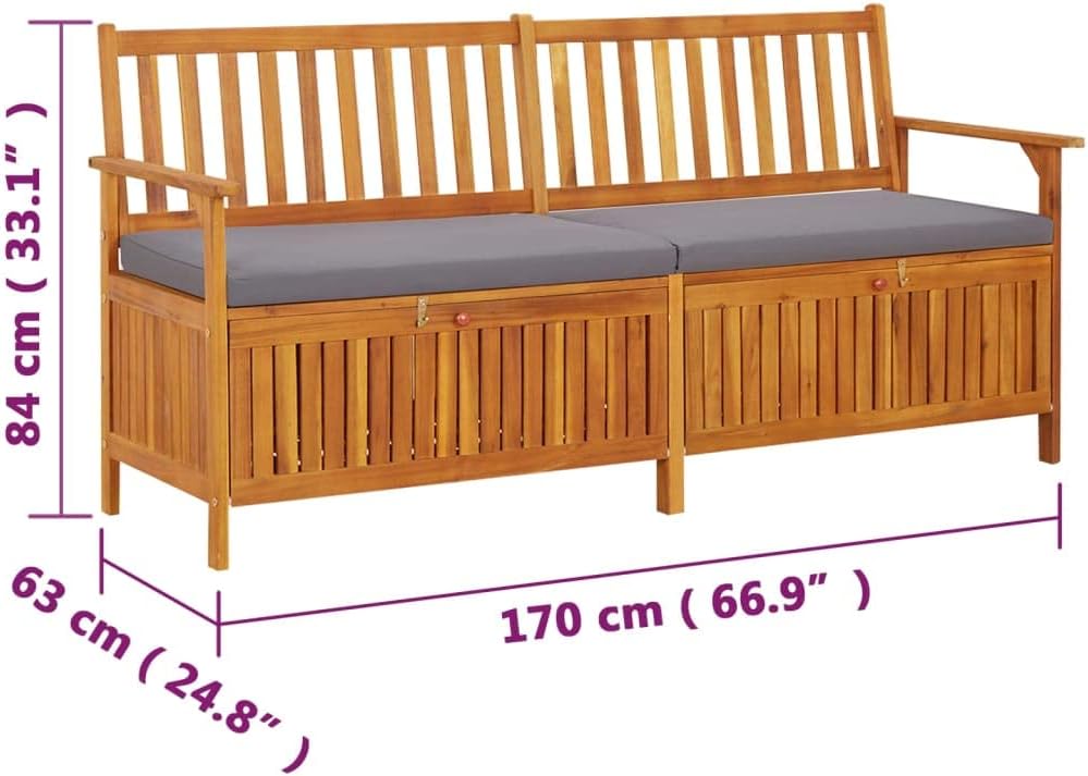 Storage Bench with Cushion 66.9" Solid Acacia Wood Outdoor Bench Seat Durable Patio Furniture for Garden Porch Front Porch Furniture