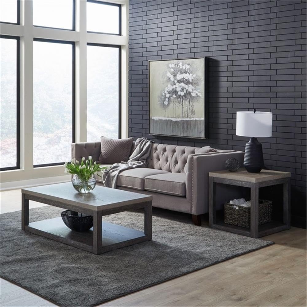 Pemberly Row 3-Piece Living Room Table Set, Rubberwood Construction, Charcoal and Ash Two-Tone Finish, Includes Cocktail Table with Casters and 2 End Tables, Rustic Design with Open Shelves for