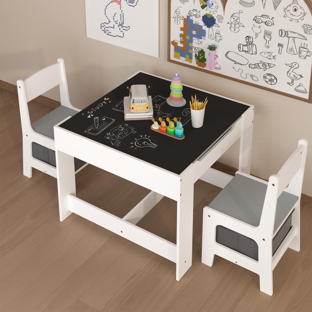 3 in 1 Wooden Activity Table with Storage Drawer for Toddlers Drawing, Reading, Crafts, 2 in 1 Detachable Tabletop Table Set for Nursery, Playroom