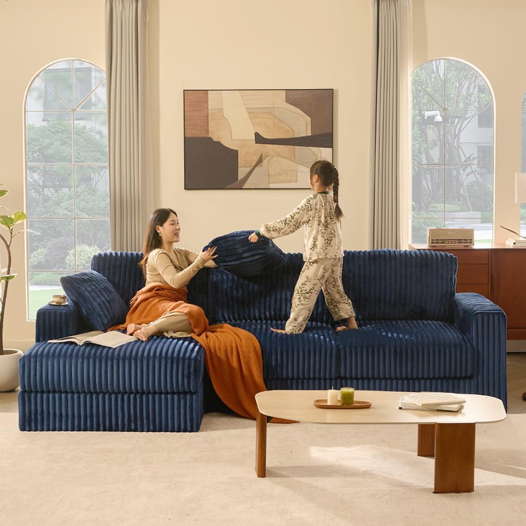 GOSUHI 113" L-Shaped Cloud Couch, Modular Sectional, Deep Seats, Navy | Pocket Spring Cushions, Oversized 3-Seater, Left Facing Chaise, Corduroy Upholstery Couches for Living Room