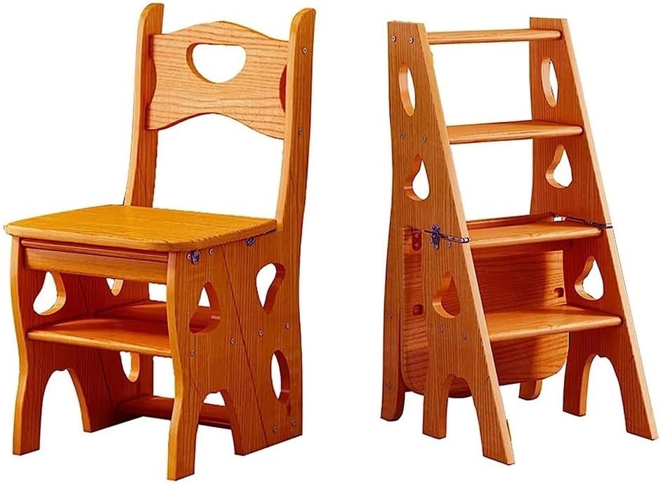 4 Step Wooden Folding Library Ladder Chair with Seat, Multifunctional Step Stool, Lightweight Portable Ladder Shelf, Stepladders Display Stand for Office Home Kitchen, Walnut