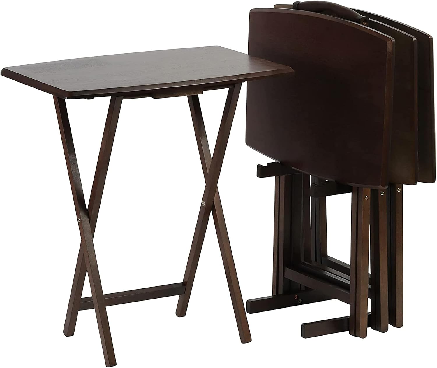 PJ Wood - 5-Piece Folding Tray Table Set - Walnut with Rack | Solid Wood, 14.57 x 19.09 x 26 in, 36 lb Capacity, Indoor Use, Rectangular Design, Glide Feet, Space Saving Storage