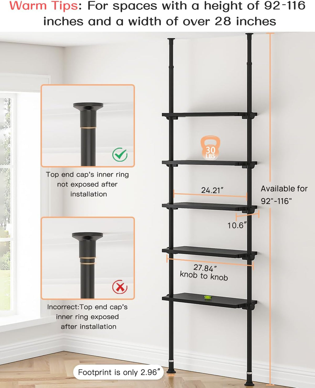 ALLZONE Adjustable Tall Narrow Bookshelf, 5-Tier Floor-to-Ceiling Tension Mount Ladder Book Shelf with Storage for Versatile Uses, Fits 92-116 Inch Ceilings, 27.84-Inch Wide Wood Shelves, Black Relief