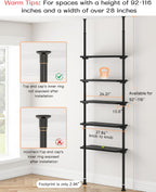 ALLZONE Adjustable Tall Narrow Bookshelf, 5-Tier Floor-to-Ceiling Tension Mount Ladder Book Shelf with Storage for Versatile Uses, Fits 92-116 Inch Ceilings, 27.84-Inch Wide Wood Shelves, Black Relief