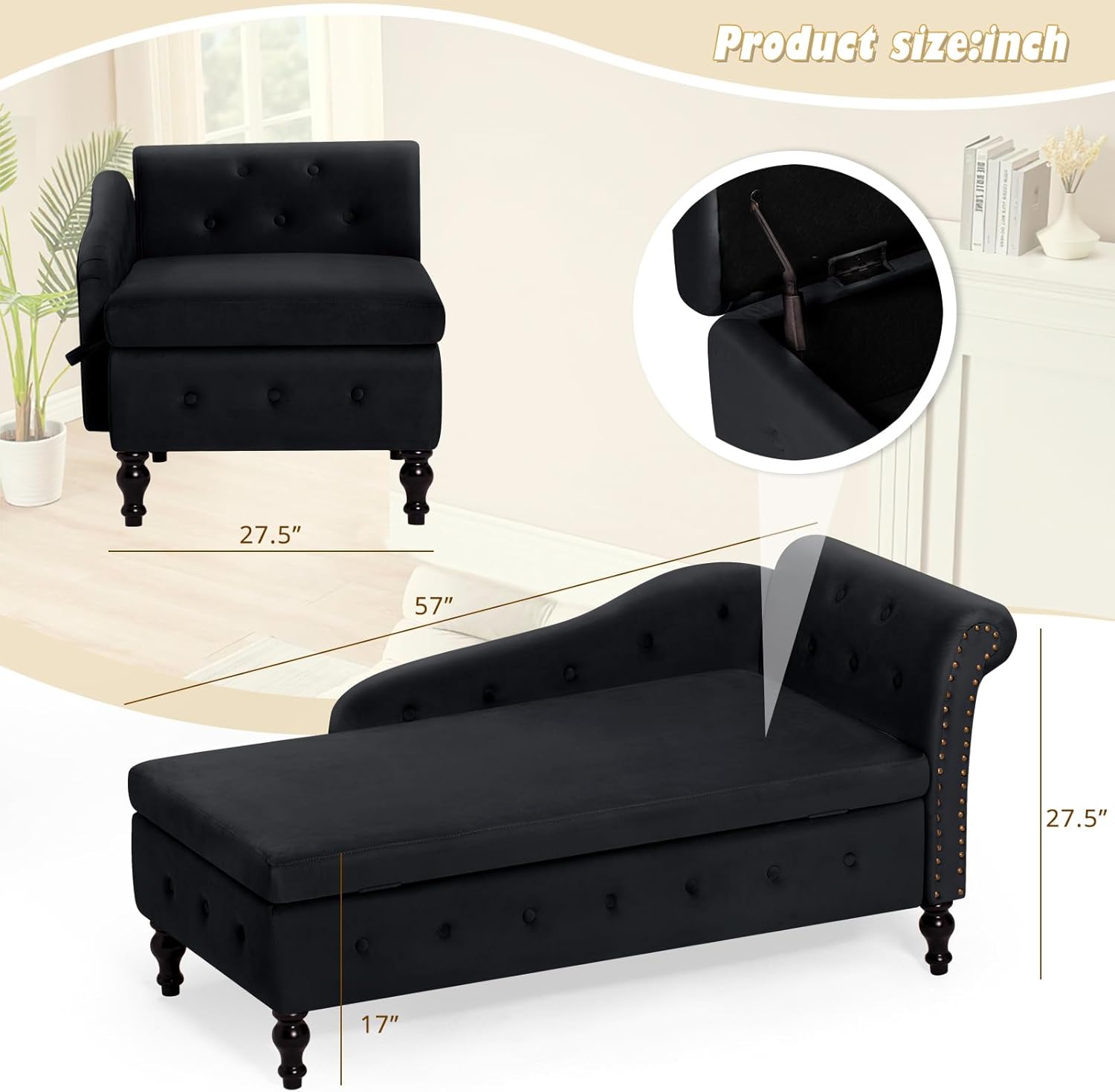 Chaise Lounge with Right Armrest & Lumbar Pillow,Button Tufted Lounge Sofa with Storage,Lounge Chair Indoor,Modern Upholstered Velvet Lounge Chair for Bedroom, Living Room and Office,Black