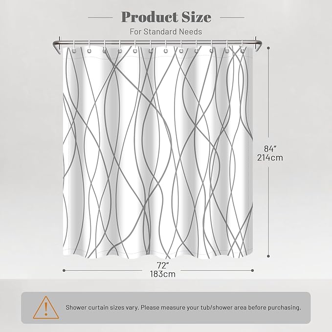 Punkray Polyester Shower Curtain Grey and White Striped for Bathroom with Hooks, Extra Long 84 Inches, Weighted Hem, Waterproof Bath Accessories Hotel Style - Machine Washable