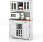 PETSITE Kitchen Pantry Storage Cabinet, Freestanding Microwave Cupboard with Tempered Glass Cabinet, Wine Rack, Adjustable Shelves, Buffet with Hutch for Living Room, Dining Room, White