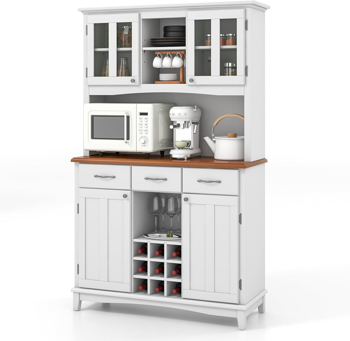 PETSITE Kitchen Pantry Storage Cabinet, Freestanding Microwave Cupboard with Tempered Glass Cabinet, Wine Rack, Adjustable Shelves, Buffet with Hutch for Living Room, Dining Room, White