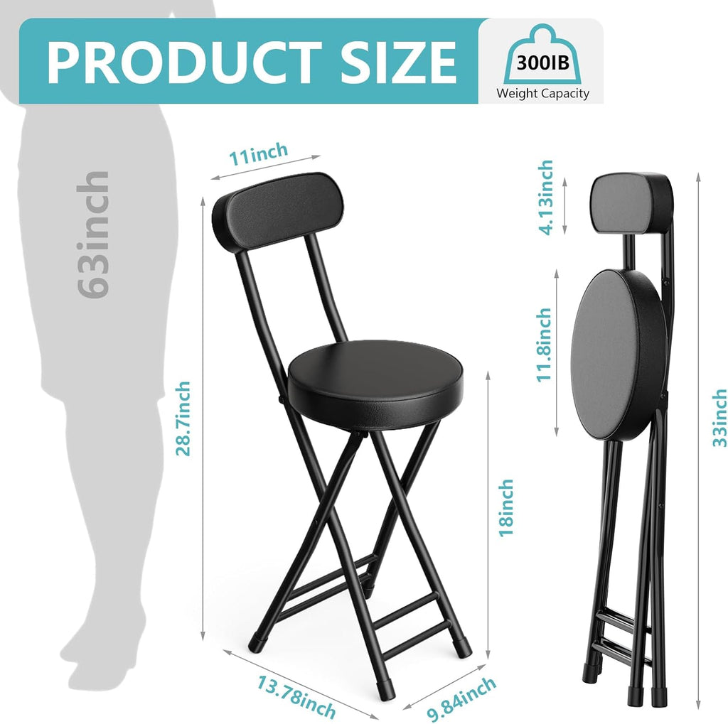 Folding Stool,Cushioned Padded Folding Bar Stool,18inch Black Height Heavy Duty Portable Chair Stool with 300lbs Capacity for Kitchen Living Room Garden Camping Fishing