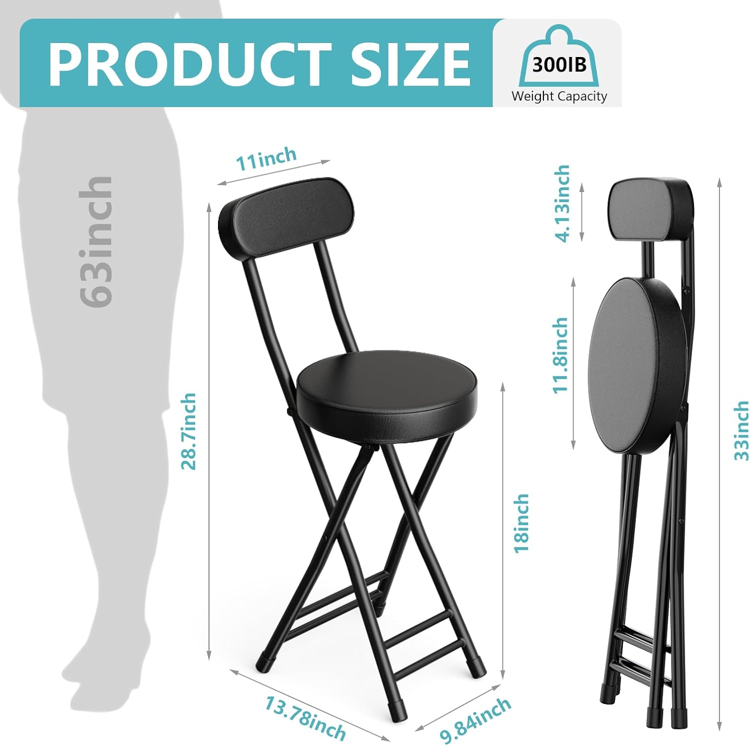Folding Stool,Cushioned Padded Folding Bar Stool,18inch Black Height Heavy Duty Portable Chair Stool with 300lbs Capacity for Kitchen Living Room Garden Camping Fishing